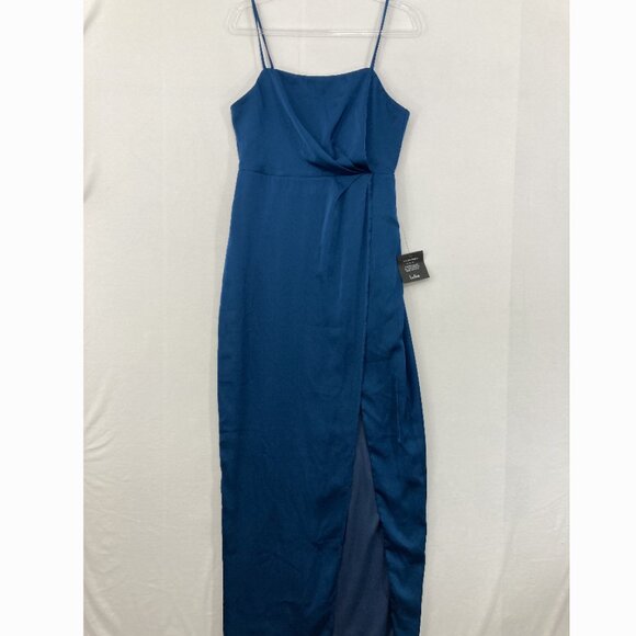 New Lulus Large Destiny Awaits Navy Blue Satin Faux-Wrap Maxi Dress Bridemaid - Picture 2 of 13